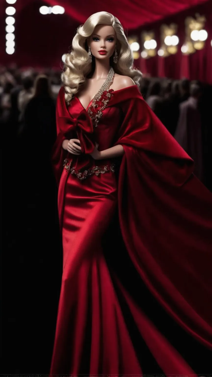 Barbie in a red dress with a cape walking down a stunning fashion runway, dressed in a beautiful red cape, elegant red dress, ornate dark red opulent clothes, fully dressed in red robes, rich red, grayscale photo with red dress, dressed in red velvet, red ...