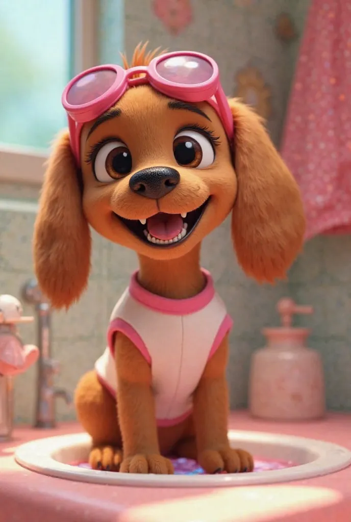 Image 3D style Pixar chien cocker anglais brun roux et blanc veste sans manche rose foncé avec le col blanc et des lunettes aviation rose foncé sur la tête comme un bandeau Stella pat patrouille se brosse les dents au lavabo