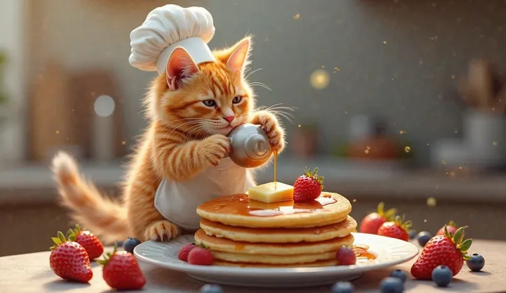 1.	“A fluffy orange cat wearing a tiny chef’s hat and apron, The cat drizzling syrup over the pancake stack, adding butter on top, with strawberries and blueberries scattered around the plate