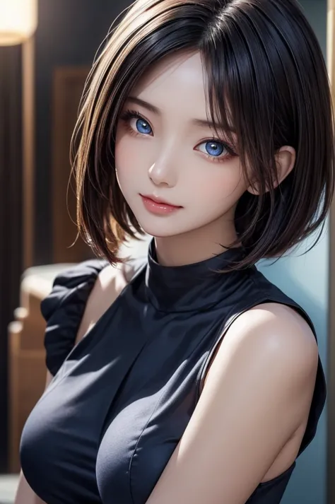 (masterpiece, highest quality:1.2), 1girl, posing for a picture in a blue dress, straight bob hair, shiny and silky hair, Ultra-detailed eyes, glowing eyes, beautiful glossy lips, beautiful detailed face, soft facial contours, radiant skin glow, beautiful ...