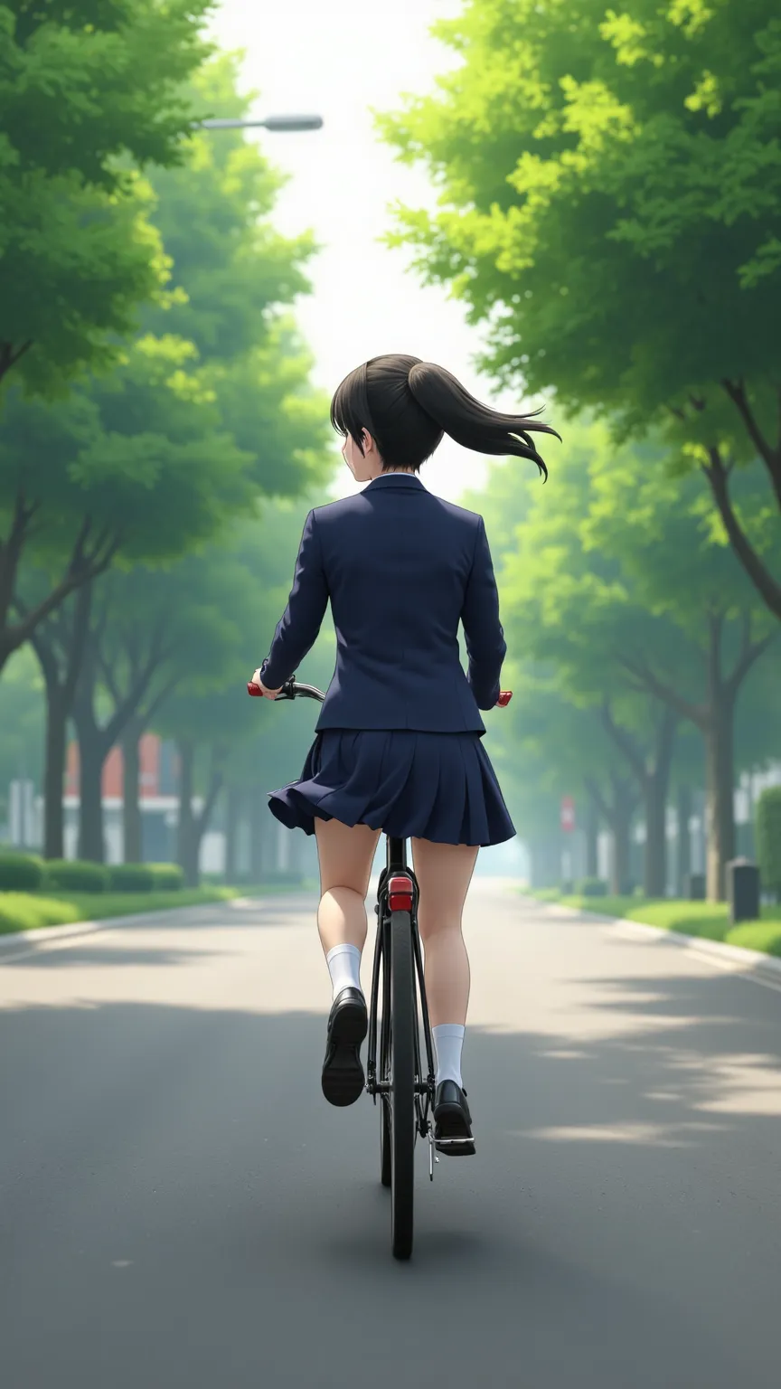 A Japanese high school girl riding a bicycle down a quiet street lined with green trees. She wears a navy blue blazer uniform and a pleated skirt. Her black hair flows gently in the wind as she pedals. The scene is captured from behind, with soft morning s...