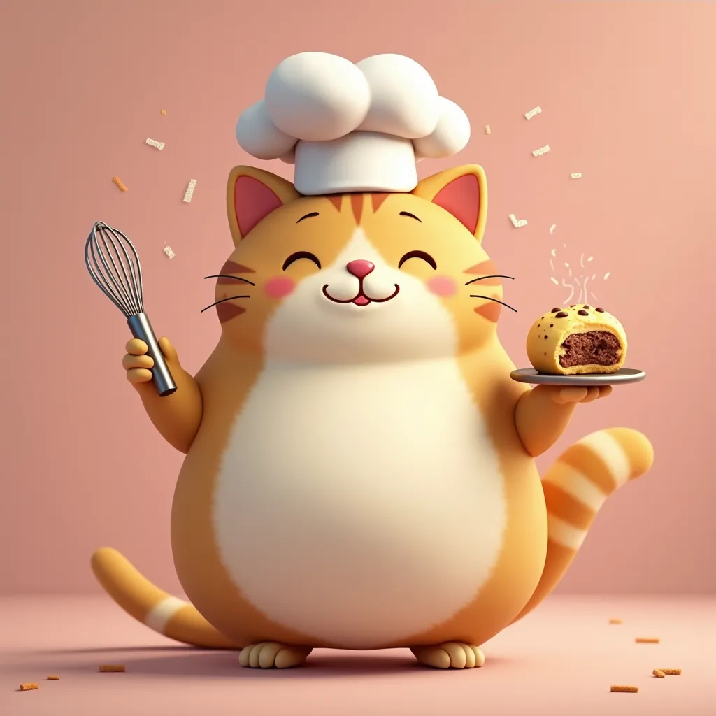 A chubby, smiling cat wearing a chef’s hat, holding a tiny whisk in one paw and a freshly baked cookie in the other. The cookie has a bite taken out, and there are little sugar sprinkles floating around. The text ‘Sugar Paws Bakery’ is in a soft, rounded f...