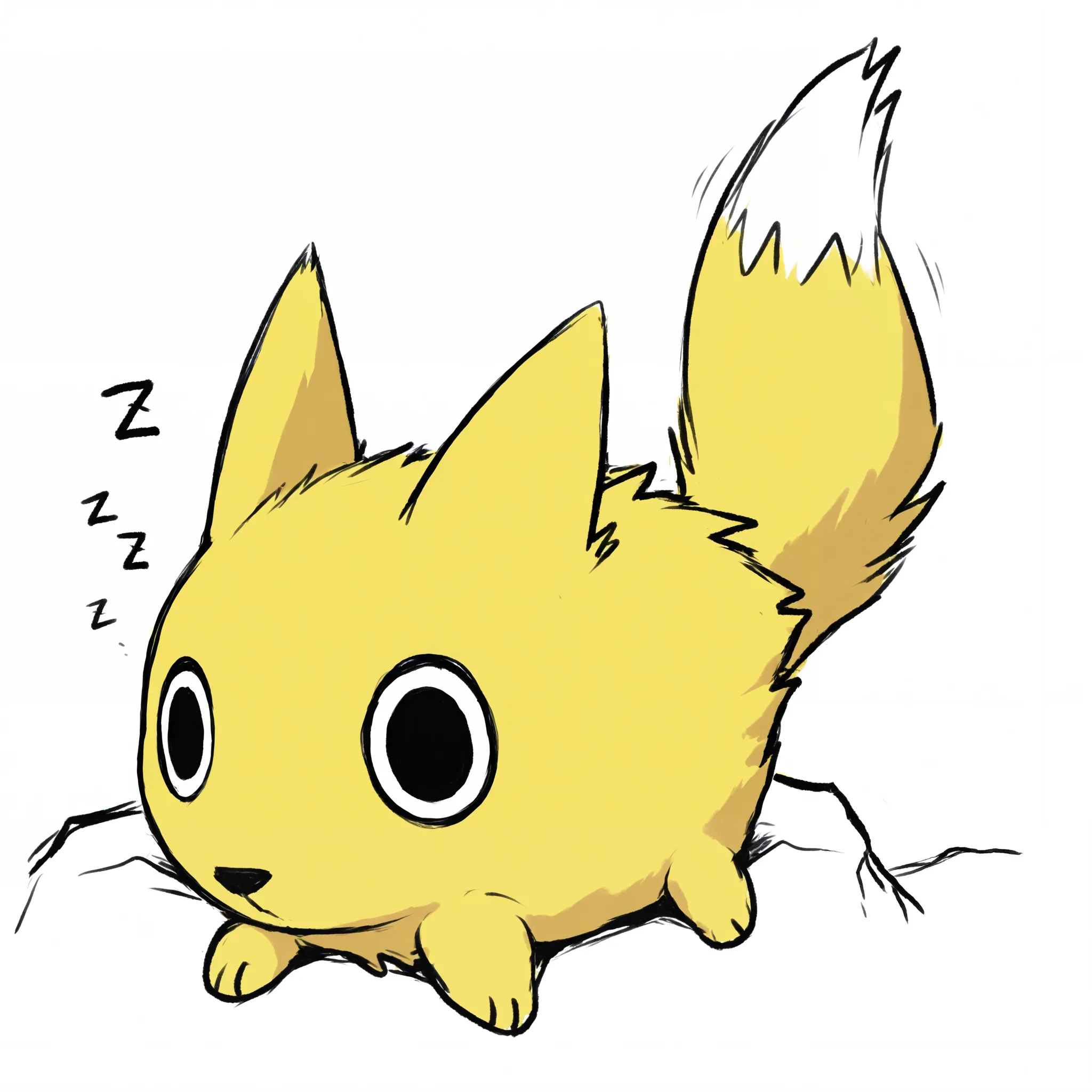 (masterpiece), best quality,Viximon ,yellow fur,on a rock,plain background,sleeping,cowboy shot,sketch drawing,monochrome,white background, black souls style
