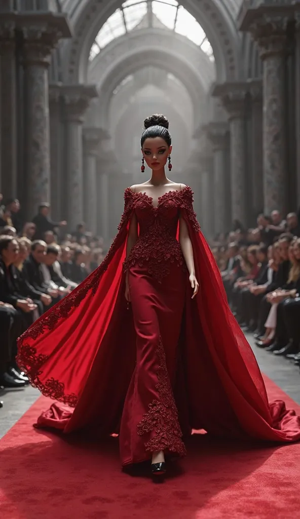 Barbie in a red dress with a cape walking down a stunning fashion runway, dressed in a beautiful red cape, elegant red dress, ornate dark red opulent clothes, fully dressed in red robes, rich red, grayscale photo with red dress, dressed in red velvet, red ...