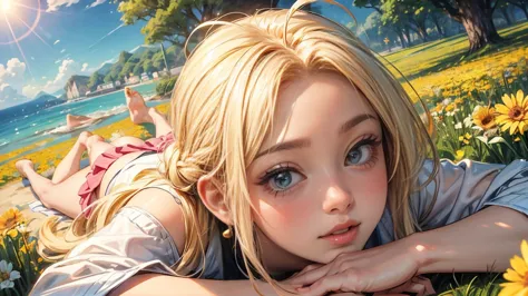 An anime illustration of a beautiful flower field, its springtime, the warmth of the sun shines down, a (22 year old woman) lie on her back daydreaming of fantastic stories and romance, she has messy blonde hair in a braid, ahoge, eyes, is lean and athleti...