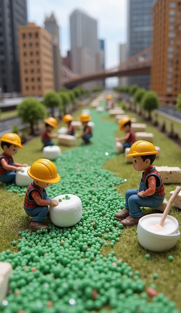 "Tiny workers create a park in the middle of their miniature city. A few are arranging green sprinkles to simulate grass, while others install marshmallow benches. One worker, sitting on a marshmallow, wipes his forehead, looking exhausted. A tiny bucket o...