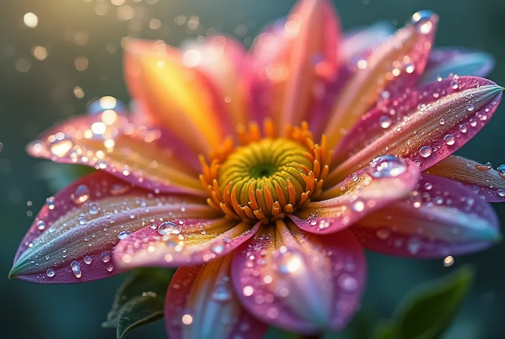 A close-up photograph of raindrops gently clinging to a small flower's petals showcasing intricate beauty of nature,super detailed art,rainbow color mixed  one flower