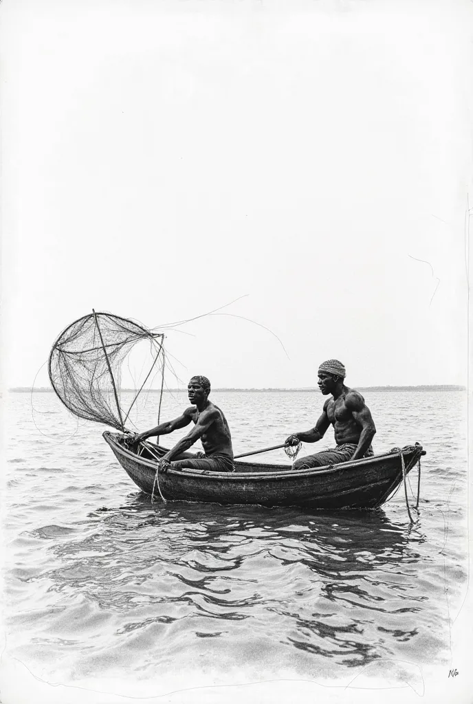 A very rough pencil drawing of two African men fishing from a small boat on the ocean using a round net 