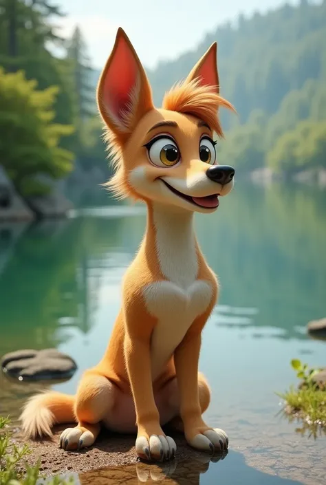 Photo of a dog with an elongated torso, high ears, elongated muzzle, short tail, thick coat, straight paws and cheerful eyes on a lake background