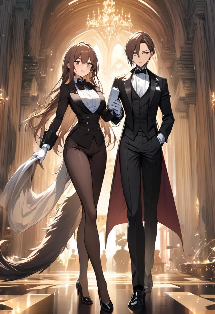 ,  is wearing her white gloves. Female butler, amazing, Tailored tail coat brown hair