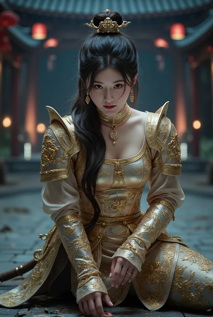 Close up, A battle scene in which a sexy female wuxia lands in heavy golden armor、Place one hand on the floor and hold the wuxia long sword horizontally in front of your face.、Intricate chain mail that fits the body perfectly、sexy， Serious Eyes、Low fightin...