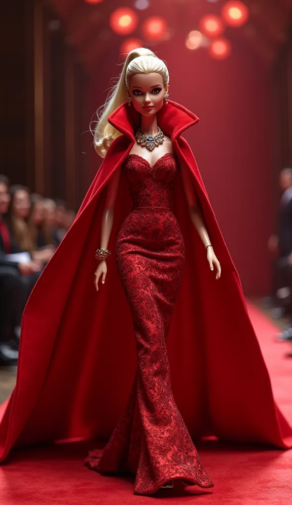 Barbie in a red dress with a cape walking down a dazzling fashion runway, vestida com uma linda red cape,  elegant red dress , ornate dark red opulent outfits, fully dressed in red tunics, rich red,  photo in shades of gray with red dress, dressed in red v...