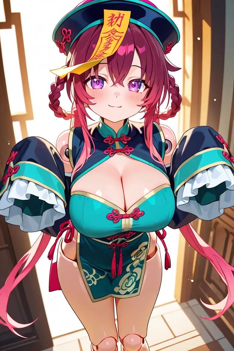 anime style, 1girl, younger female, big breasts, humanoid robot, doll joints, jiangshi, chinese clothes, kuudere, cute, 3d, perfect hands, nsfw, high resolution, high quality, hd