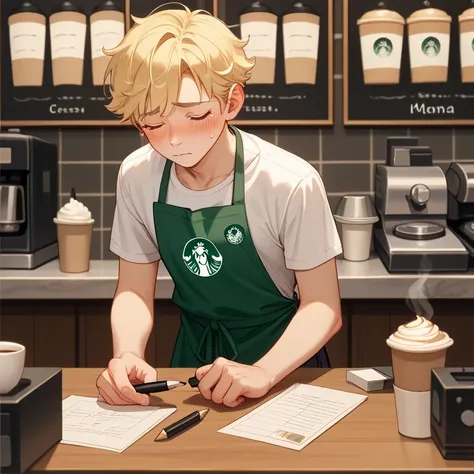 full body, male,An illustration, (masterpiece、最high quality、high quality) eyes closed, tez morena, messy short hair, shy, cream-colored short sleeve t-shirt, yellow barista apron, blushing, big lenses, NSFW, pentración anal, pen, half-naked, with tears in ...