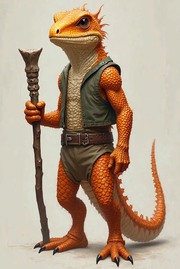 Humanoid orange lizard with vest, 60 cm tall, in its hand has a 25 cm club and has a thin build