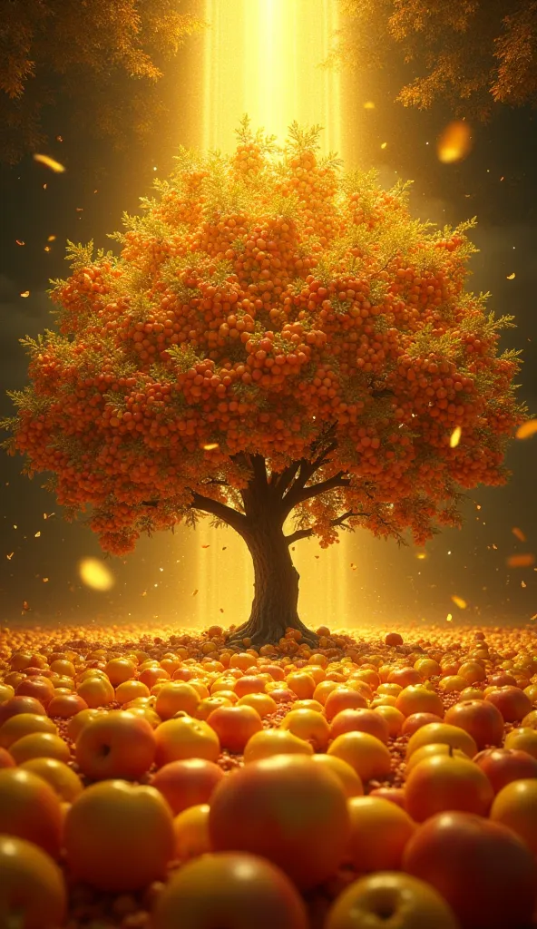 An apple tree full of golden apples. Thousands of golden apples lying on the ground. The background is gold and black and there is a beam of light illuminating the apple tree of golden apples. 