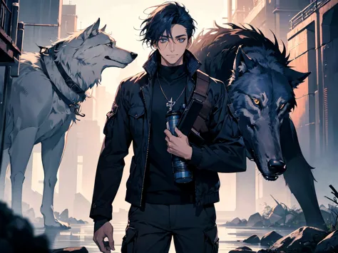 (Best quality, High resolution, Very high definition), abstract, masculine, dark blue hair, 30 years old, dark blue eyes, jacket, sweater, cargo pants, dark blue gaze, calm, quiet, gentle smile, observatory, carrying wolf, with wolf, dawn
