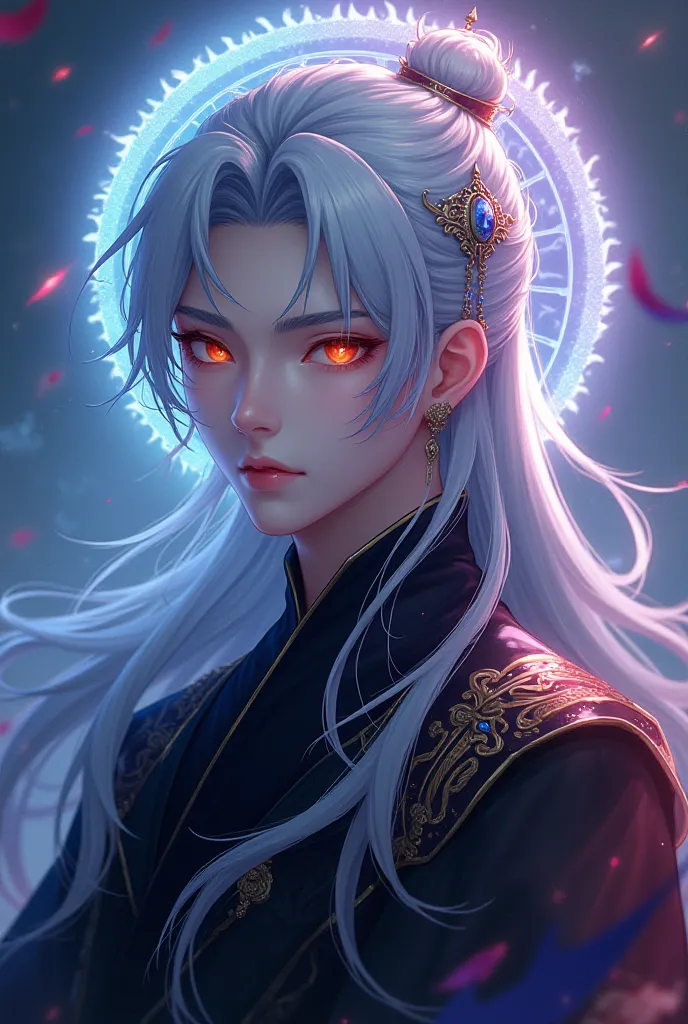 Full body image, handsome  protagonist Xianxia , ,long silver hair ,handsome face,dual colour eyes,double pupil color(golden amber menacing right eyes((make amber color is  shining more)),blue sky calm left eyes((blue color like sea))) calm face aura,no sm...