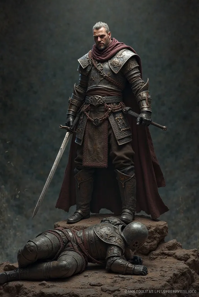 A man holding a sword is arrogant and has his leg on a rock, a man on the ground with a dark background and wearing a helmet from the Crusaders