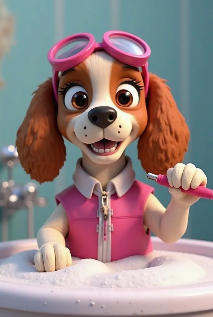 3D image Pixar style English Cocker Spaniel dog brown and white brown and white dark pink sleeveless jacket with white collar and dark pink aviation glasses on her head like a headband Stella Paw Patrol brushes her teeth in the foam bath