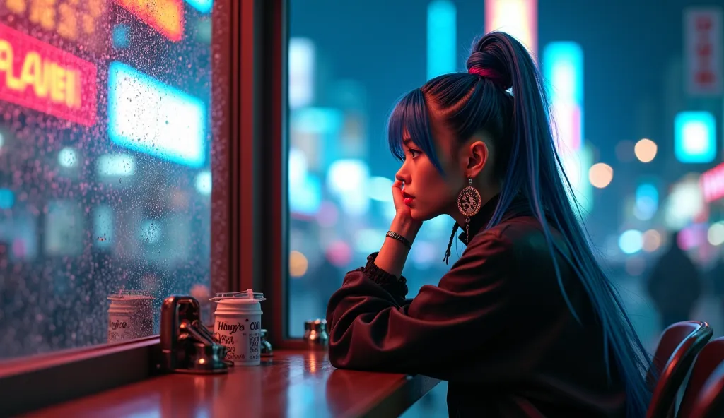 8k, ultra-realistic, photorealistic, hyperdetailed, realistic, not low quality, extremely intricate details, ultimate details, hyperrealistic details, meticulously rendered skin, cyberpunk world, a Japanese woman with a complete cyberpunk appearance. She h...