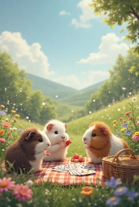 Long-haired, white and brown guinea pigs picnicking in nature and playing cards 