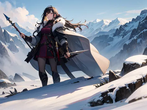 A fierce and noble female warrior standing on a rocky peak, clad in silver armor with fur accents, wielding a long spear and multiple weapons. She has dark hair tied back, with a determined gaze. A trained falcon perches on her arm. The background features...