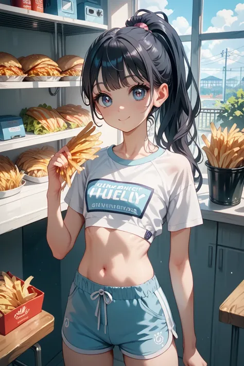 Cute anime style with big eyes, one adult extremely skinny skinny skinny skinny skinny skinny skinny skinny skinny skinny black-ponytail-haired sporty girl with hotpants and very flat belly, calm face, surrounded by large fries, university dorm, safe cloth...