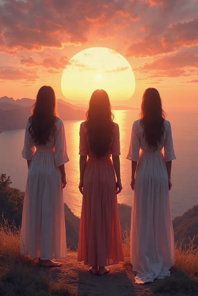 An image of three women in light and dark watching the sunrise with their backs to the camera