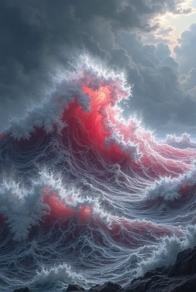 Strawberry sea and storm with red waves