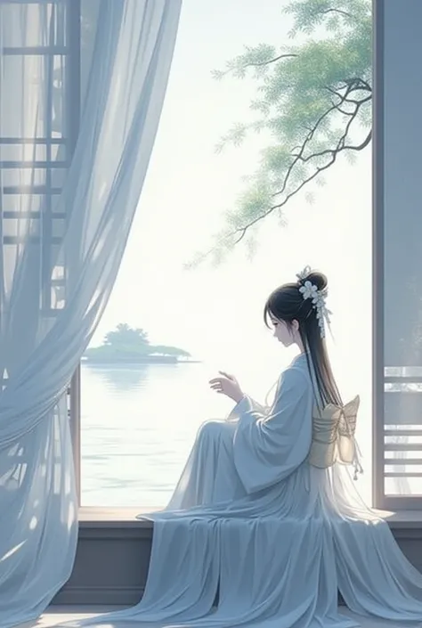 pa311 a woman in a white kimono sitting on a window sill, looking out at the water below. She is surrounded by a window with a curtain, and there are trees in the background. 