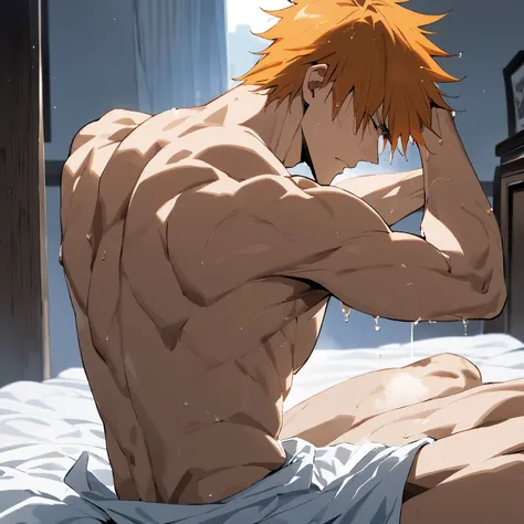 1male is Kurosaki Ichigo, bleach, man, {{male on top}}, from behind ,close eyes, {best quality}, {very aesthetic}, {ultra-detailed}, {best illustration}, bed room,crying with a hopeless sad face,cheeks from the side of pi,wet, sweat flows from arms to armp...