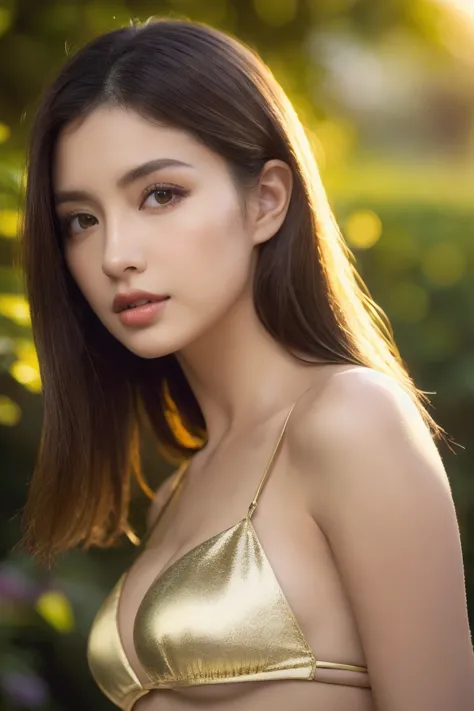 (Best quality, 8k, 32k, Masterpiece, UHD,:1.2), Japanese woman, golden bikini , ultra-detailed face, detailed eyes, highly detailed lips ,dark brown hair, slender figure, upper body, natural lighting