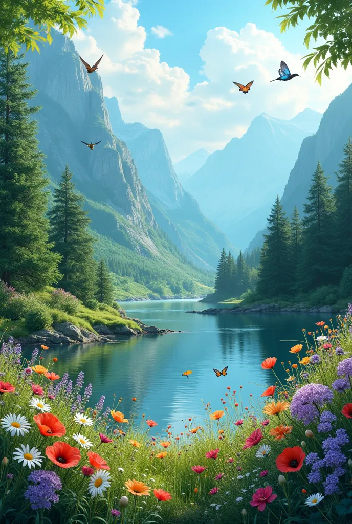 "Create a realistic illustration of a lush natural landscape, with a dense, lush forest in the background, majestic mountains covered in light mist on the horizon, and a crystal-clear river meandering through the valley. In the foreground, including colorf...