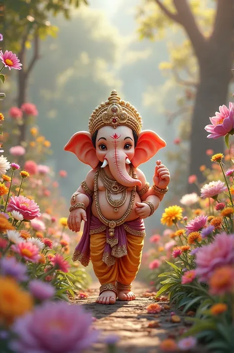 Imagine cute Ganesh ji walking on road and road both side flowers garden realistic image bg is flower garden generat Ganesh ji right side teeth is long and left side teeth is short