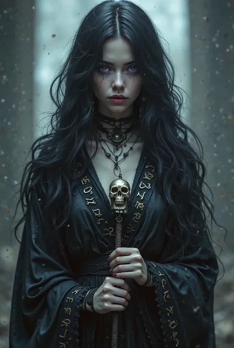 gothic style quality 4K, digital drawing mode, dark fantasy themed gothic female character, dark hair with white highlights like ghosts, haunting purple eyes, wears only dark robes with ancient runes, holding stick with skull, Blur background to create thr...