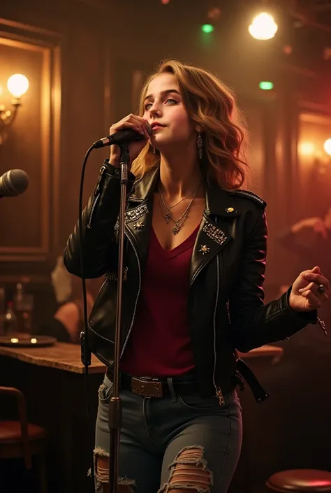 A stunning female rockstar singing passionately into a vintage microphone on stage in an old, dimly lit bar. The atmosphere is intimate, with dark wood paneling and warm golden lights casting soft glows on the worn-out furnishings. The character is wearing...