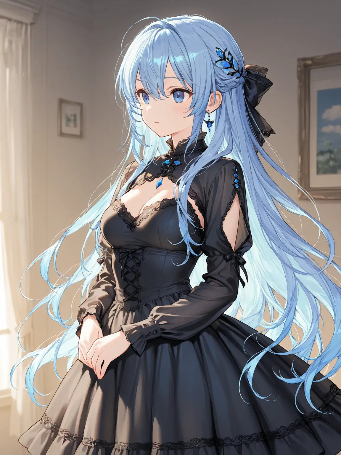 (masterpiece, best quality, extremely detailed), 
1girl, blue hair, very long hair, blue eyes, black bodystocking, short dress, frilled dress, shrug (clothing), hair bow, hair ornament,