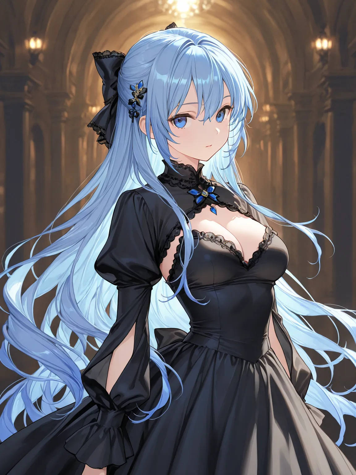 (masterpiece, best quality, extremely detailed), 
1girl, blue hair, very long hair, blue eyes, black bodystocking, short dress, frilled dress, shrug (clothing), hair bow, hair ornament,