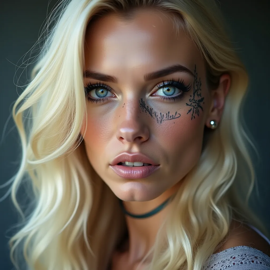 NFT a modern mature woman, high resolution, Long hair, blue eyes, Blonde hair with blue looking at the viewer, Rice, blue eyes, Teeth, toys, tattoo on face and neck face piercing, Porticio lashes a lot of strong makeup