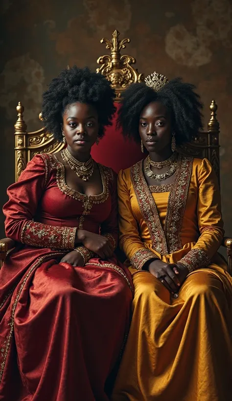 arafed image of two people black women black men  dressed in costumes sitting on a throne, , royal portrait, biopic, 4k still, masterpiece', movie promotional image, black supremacy, 16384k film, by Róbert Berény, movie still 8 k, historically accurate, ba...