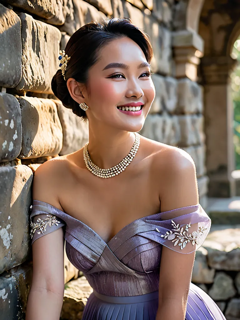 
The image captures a young Asian woman smile with fair skin and dark hair styled in a sleek bun, adorned with a delicate hairpiece. She is seated on a stone ledge, leaning slightly forward with a soft smile, exuding a sense of calm and elegance. The light...