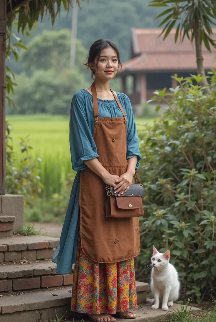 a woman standing on some steps in front of a house, joe taslim, idian dress, 2019 trending photo, wearing a hospital gown, malaysia with a paddy field, blue tunic, handbag, white ( cat ) girl, full body camera shot, leather apron, muslim