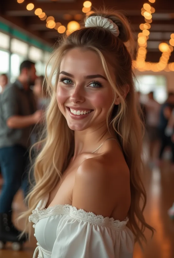 A stunning young woman with long, wavy blonde hair tied into a high ponytail with a white scrunchie, giving her a playful and youthful look. She has bright blue eyes, a radiant smile showcasing perfect white teeth, and a lightly freckled complexion that ad...