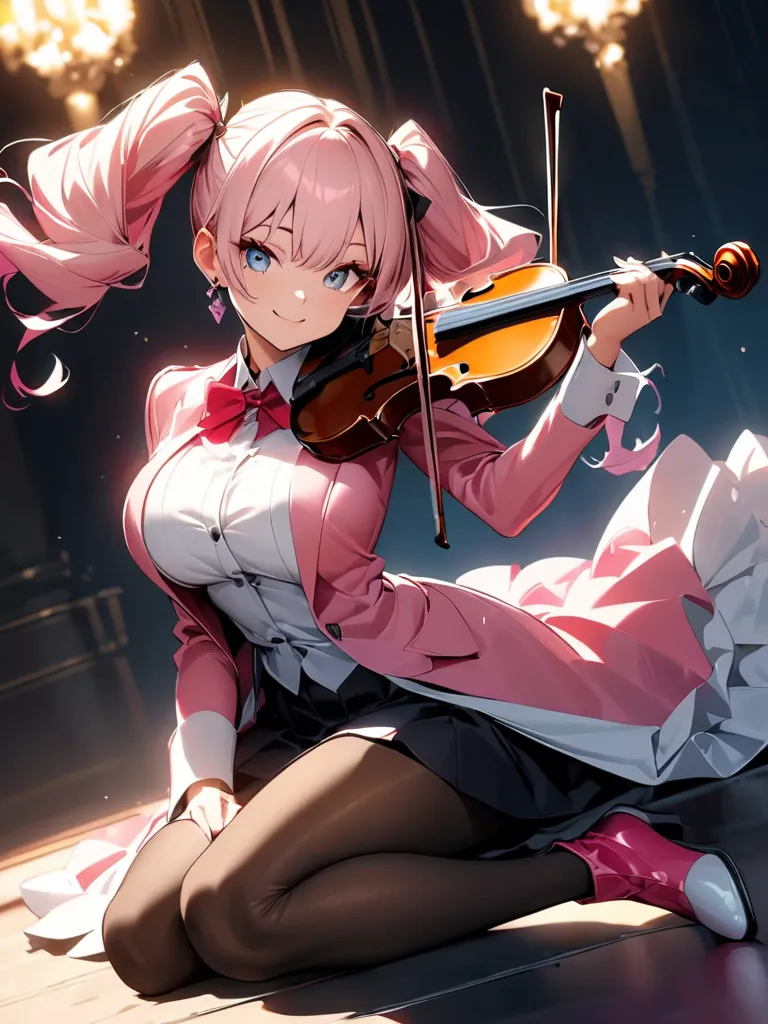 詳細にbeautiful violinを演奏する初音ミク風, vibrant,  Ultra High Resolution , high contrast, masterpiece:1.2, Best Quality, Aesthetics at its best, beautiful woman, pink clothes, a long time, detailed eyes and face, long lashes, Glamorous makeup,cinematic lighting, bri...