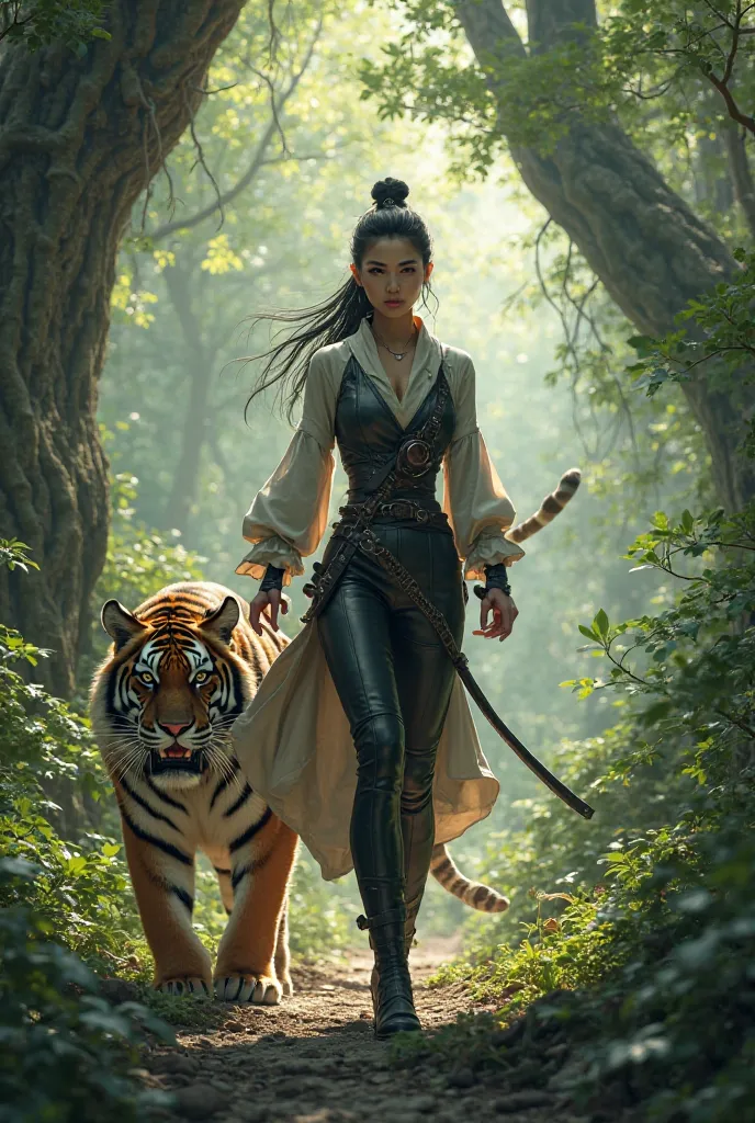 *Sexy female wearing a samurai suit walking with a tiger in the woods*