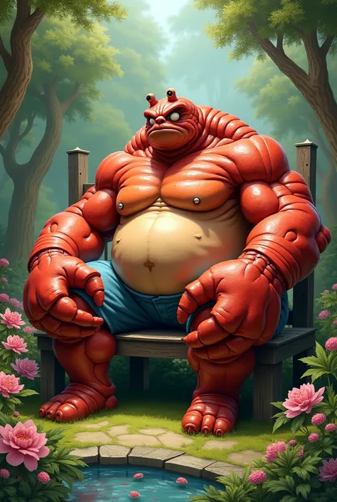 Eugene Crab, character from spongebob, sitting on a bench in a guy, being big, and muscular