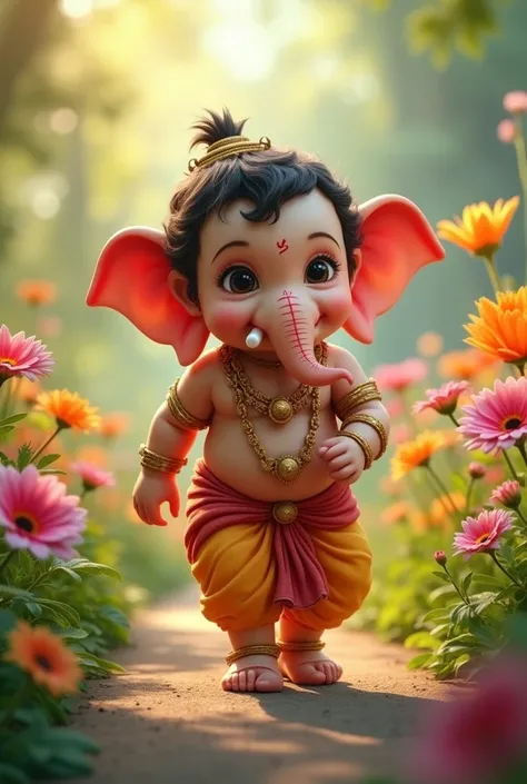 Imagine cute  baby Ganesh ji walking on road and road both side flowers garden realistic image bg is flower garden generat Ganesh ji right side teeth is long and left side teeth is short