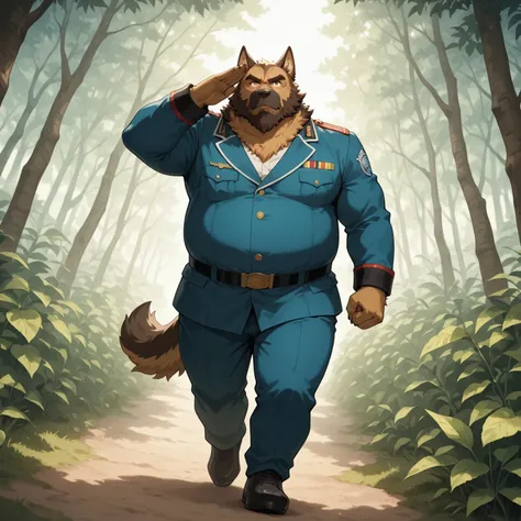 character focus, full body, looking away, dynamic angle, military, musclegut middle-aged german shepherd dog man, salute, military uniform, military shirt, military slacks, rough pose, BREAK full body in Michelangelo Buonarroti style, pastel-colored design...