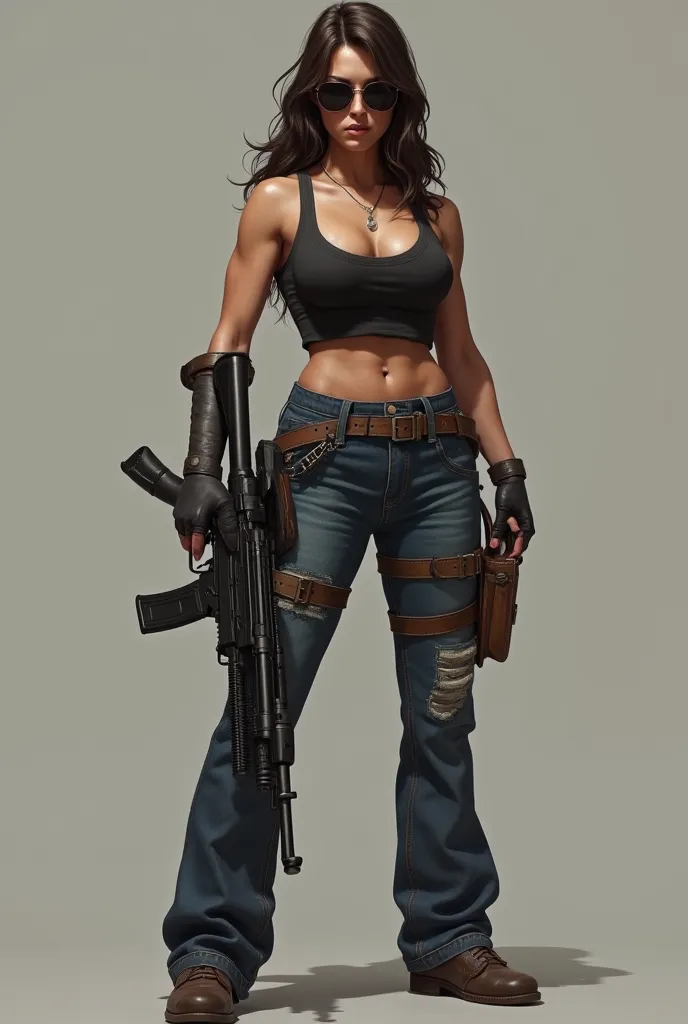 Big strong woman criminal wearing belted jeans holding assault rifle and wearing sunglasses